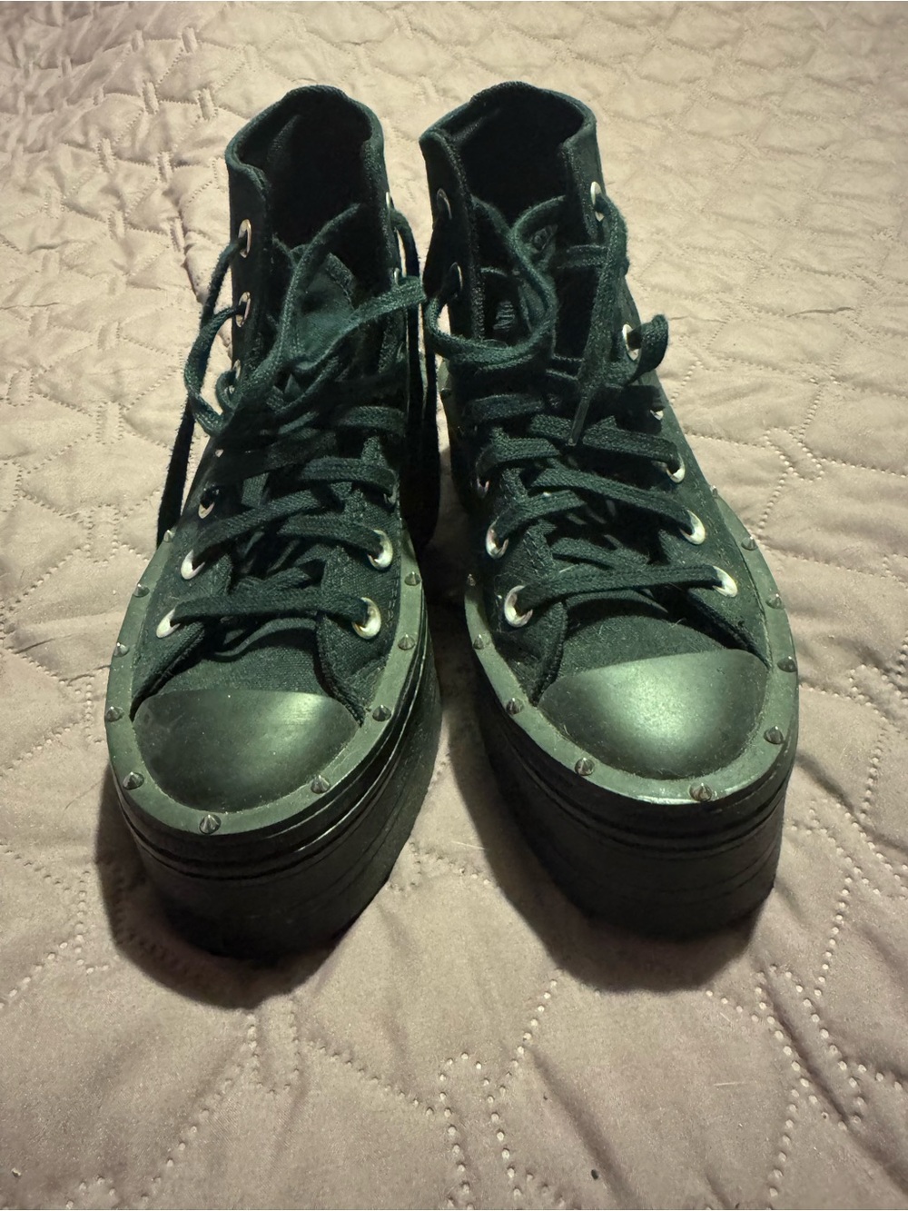 Womens 5.5 Black Studded Converse Double Platform High Tops - Picture 3 of 5